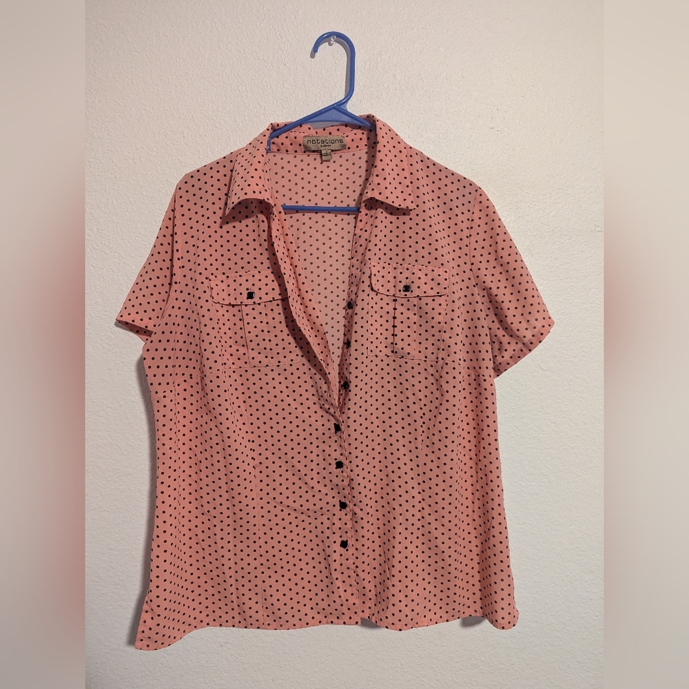 Notations Coral Pink Polka Dot Short Sleeve Button Down Shirt